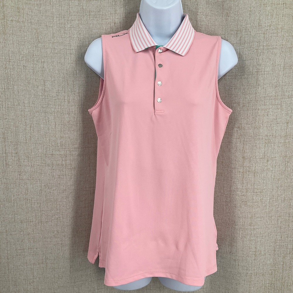 RLX Ralph Lauren Polo Shirt Womens Medium Pink Sleeveless Striped Golf Preppy